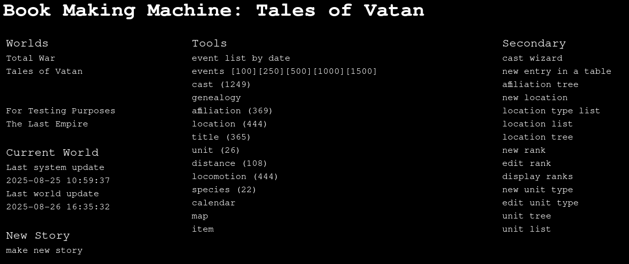 A black page with a screenshot of The Book Making Machine, a software tool I use to keep track of people, places, etc, for my books.