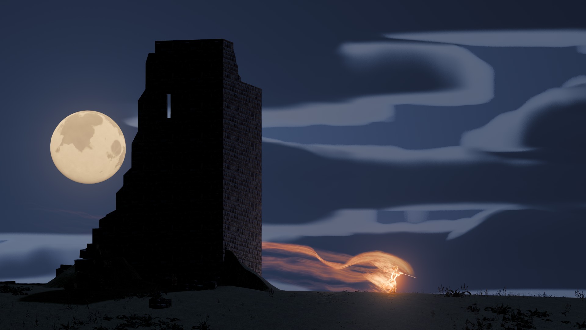Maiden's Tower, near Thetwick with a Fire Wraith dancing around its base
