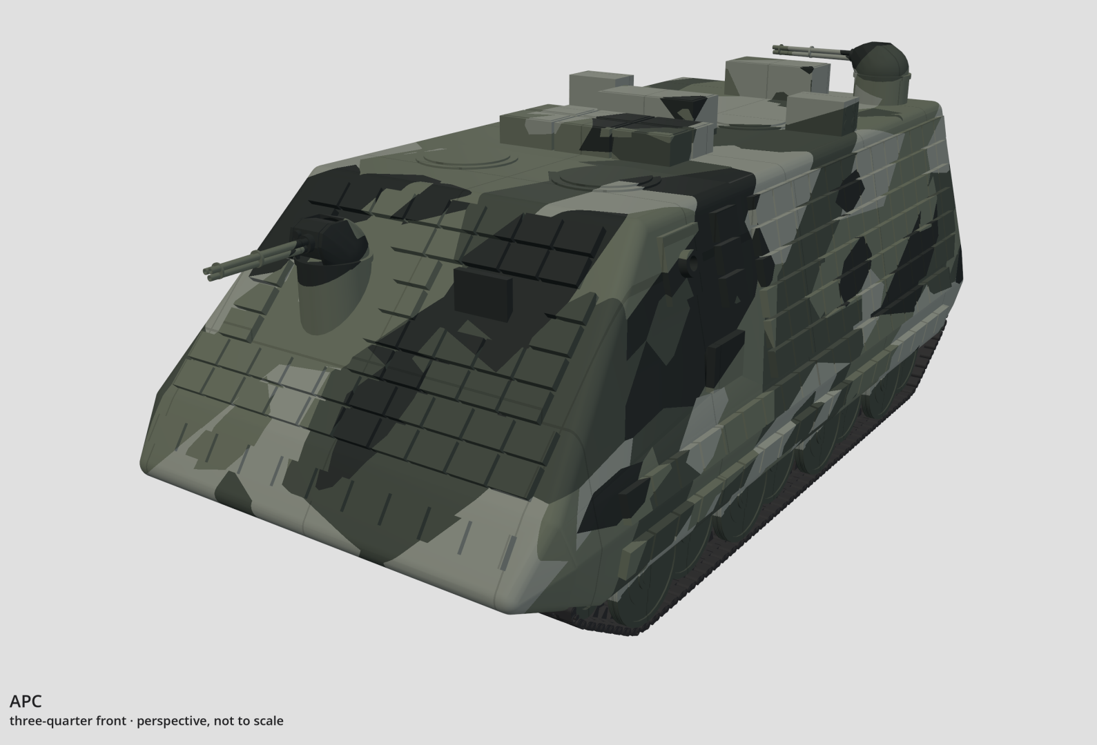 Perspective drawing of the APC, transport fit-out, seen from ahead and off its left side.