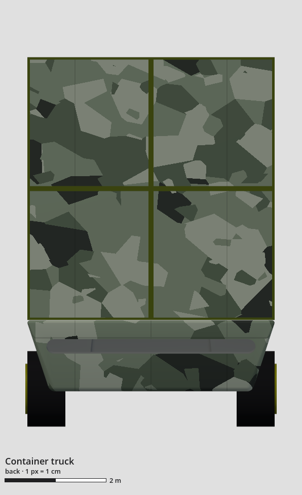 Technical drawing of the container truck, four 40 ft containers, back view, with a scale bar.