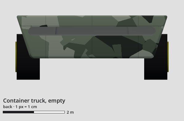 Technical drawing of the container truck, empty, back view, with a scale bar.