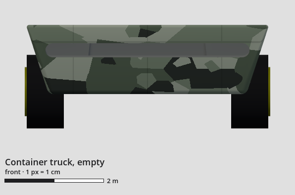 Technical drawing of the container truck, empty, front view, with a scale bar.