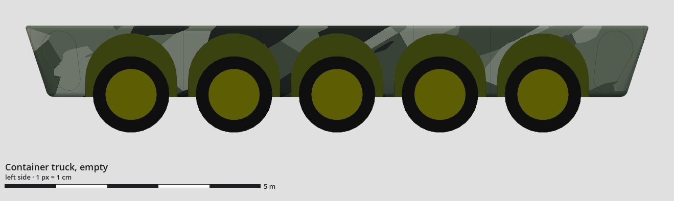 Technical drawing of the container truck, empty, left side view, with a scale bar.