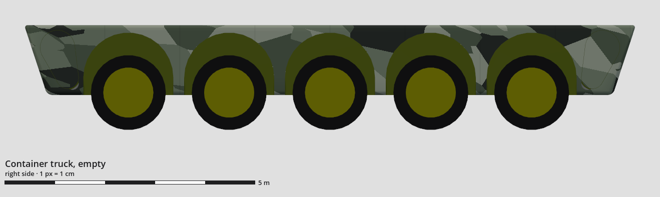 Technical drawing of the container truck, empty, right side view, with a scale bar.