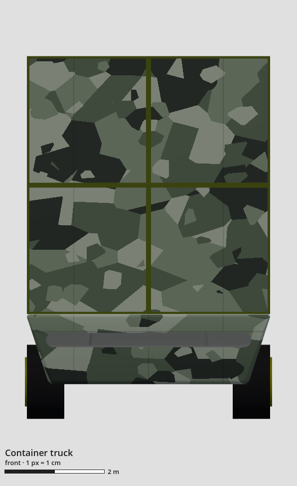 Technical drawing of the container truck, four 40 ft containers, front view, with a scale bar.