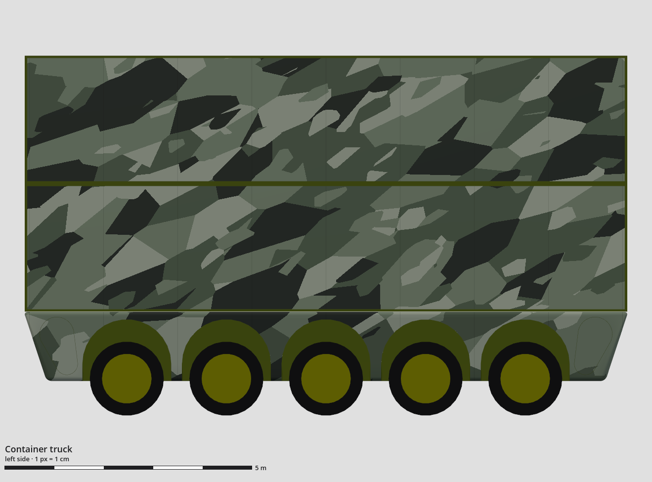 Technical drawing of the container truck, four 40 ft containers, left side view, with a scale bar.