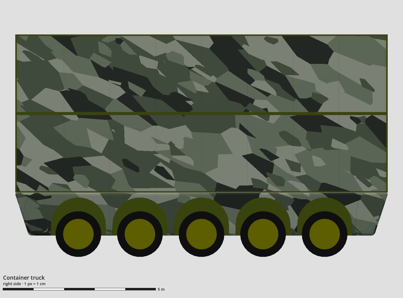 Technical drawing of the container truck, four 40 ft containers, right side view, with a scale bar.