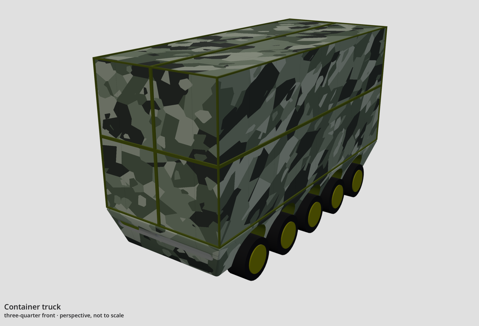 Perspective drawing of the container truck, four 40 ft containers seen from ahead and off its left side.