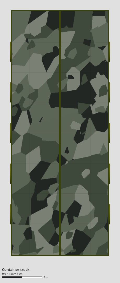 Technical drawing of the container truck, four 40 ft containers, top view, with a scale bar.