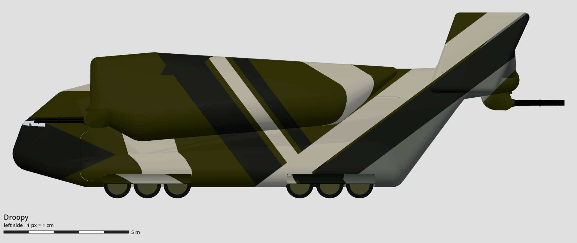 Technical drawing of the droopy, left side view, with a scale bar.