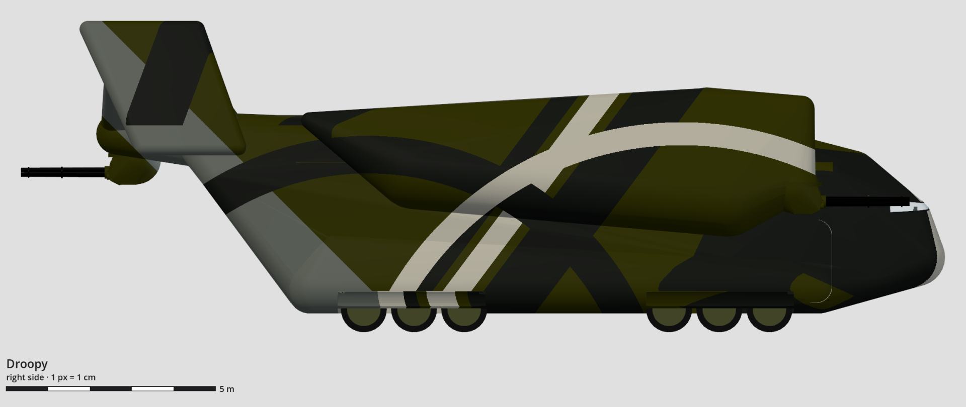 Technical drawing of the droopy, right side view, with a scale bar.