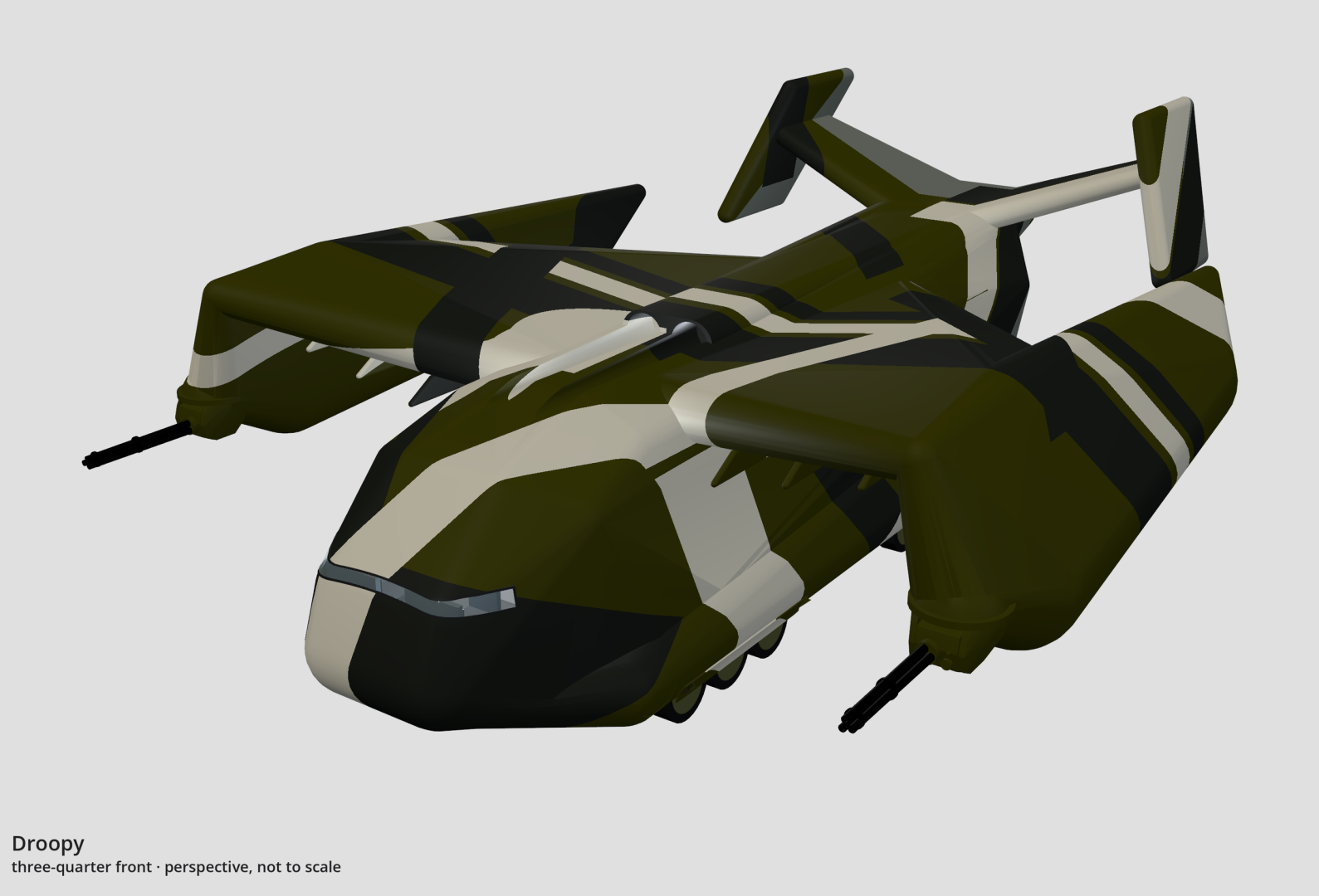 Perspective drawing of the droopy seen from ahead and off its left side.