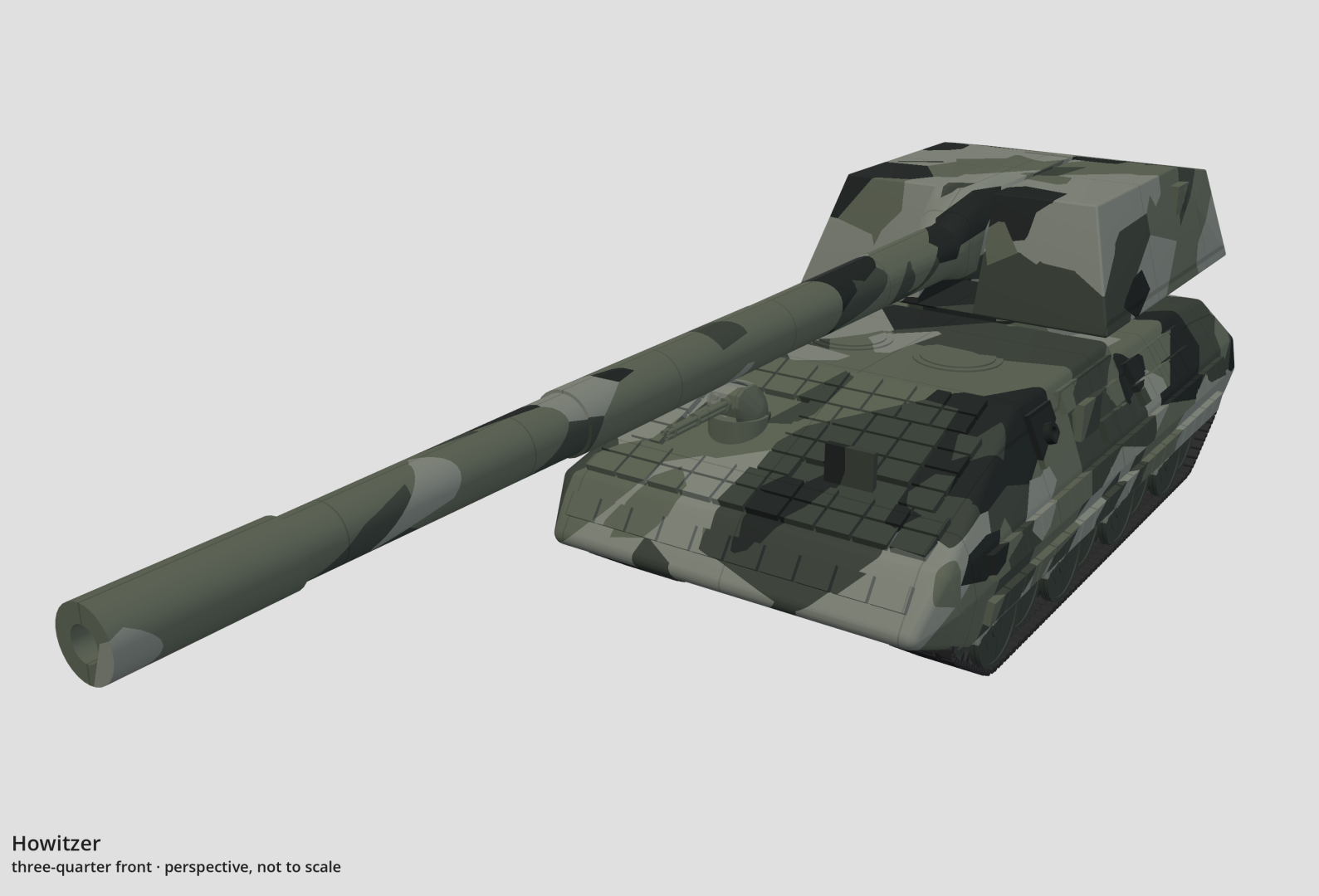 Perspective drawing of the self-propelled howitzer, seen from ahead and off its left side.