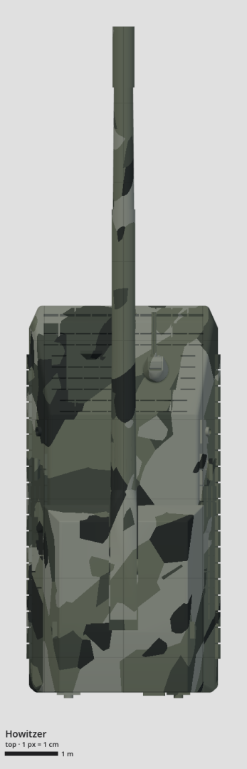 Technical drawing of the self-propelled howitzer, top view, with a scale bar.