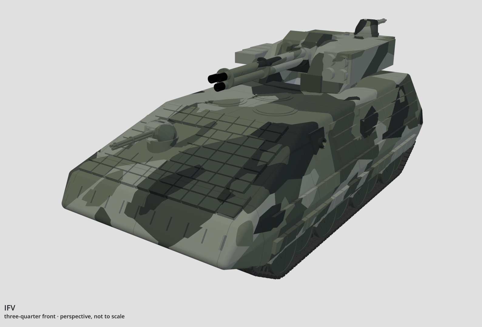 Perspective drawing of the IFV, seen from ahead and off its left side.