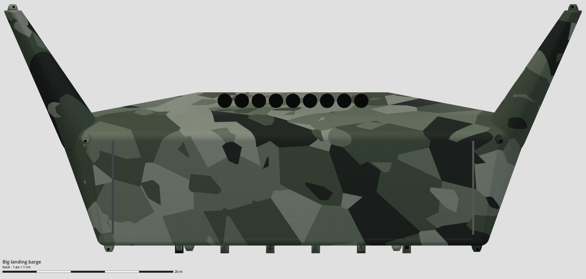 Technical drawing of the big landing barge, back view, with a scale bar.