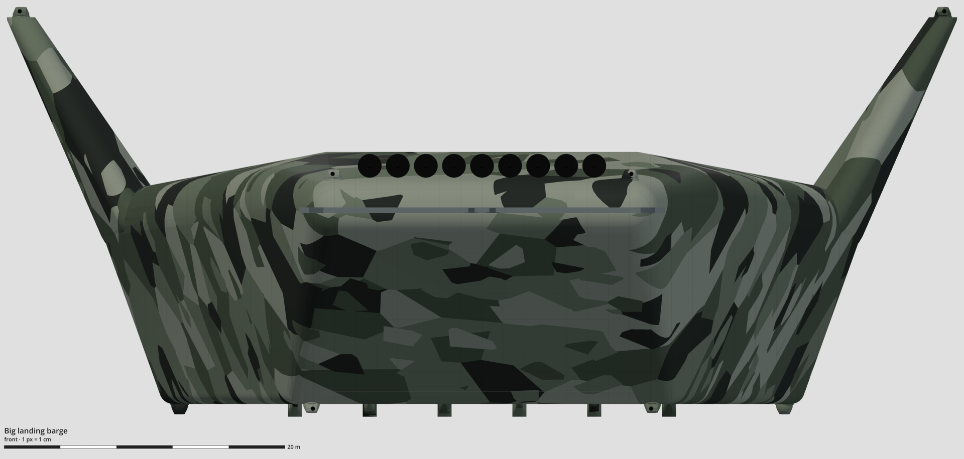Technical drawing of the big landing barge, front view, with a scale bar.
