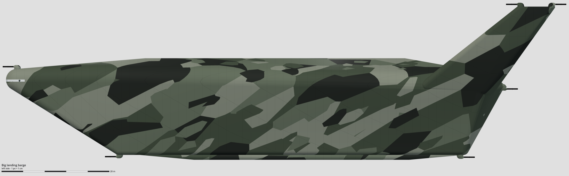 Technical drawing of the big landing barge, left side view, with a scale bar.