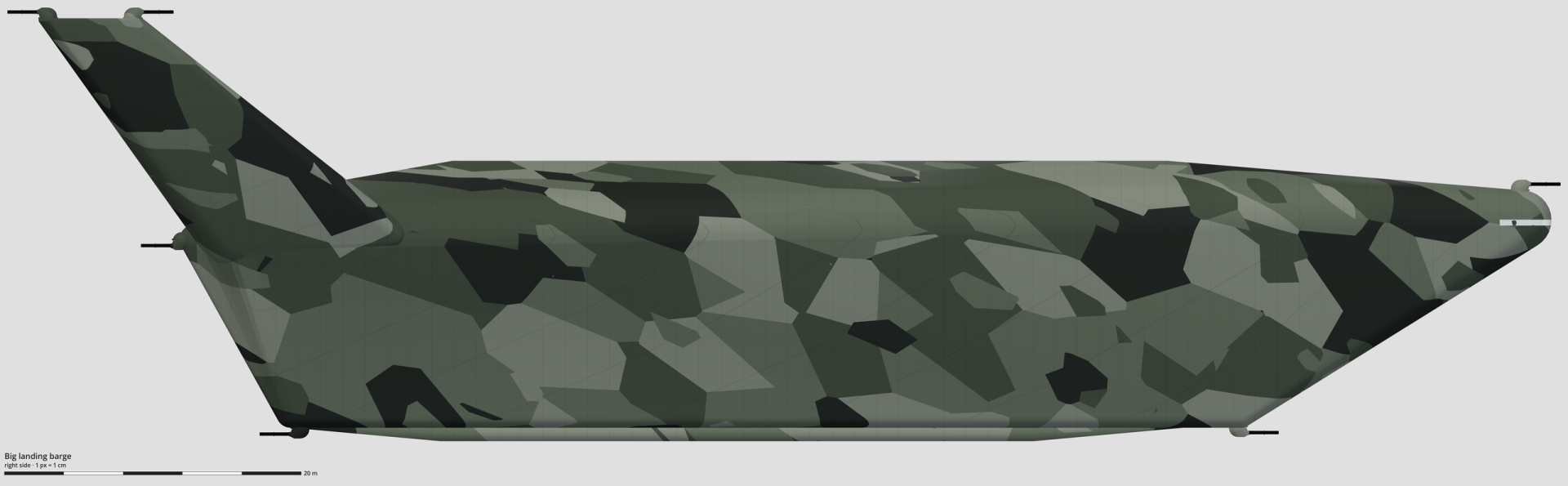 Technical drawing of the big landing barge, right side view, with a scale bar.