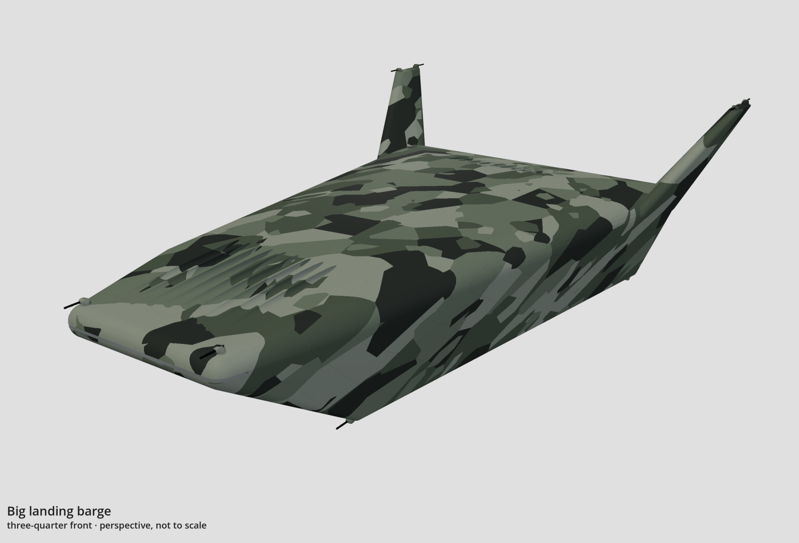 Perspective drawing of the big landing barge seen from ahead and off its left side.