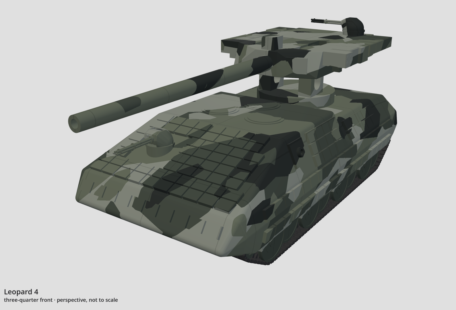 Perspective drawing of the Leopard 4, carriage raised, seen from ahead and off its left side.