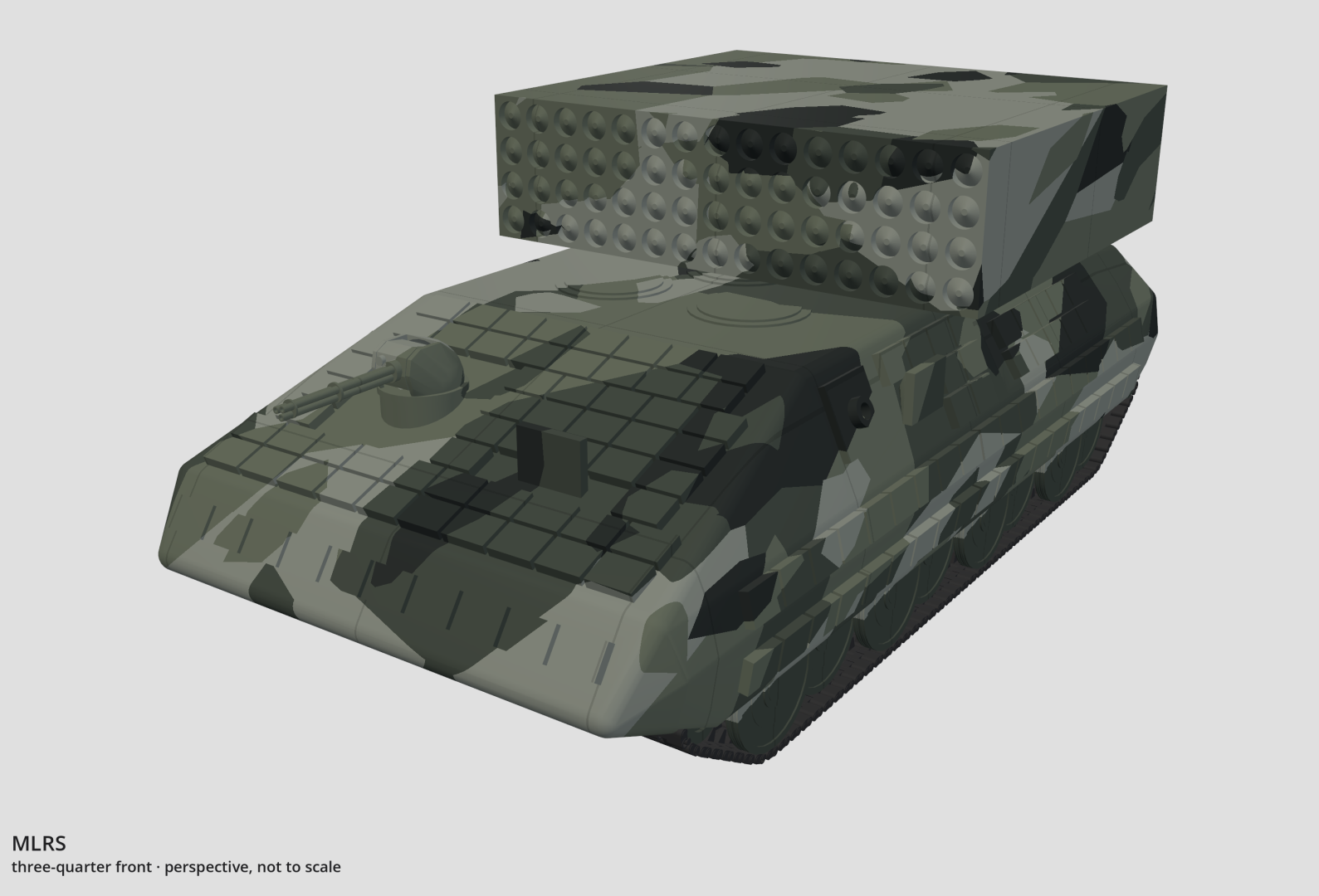 Perspective drawing of the MLRS, launcher box stowed, seen from ahead and off its left side.