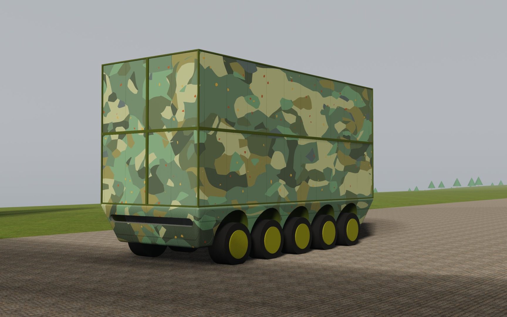 A driverless ten-wheeled truck with no cab, carrying a stack of four camouflaged shipping containers, seen from the front on a paved apron.