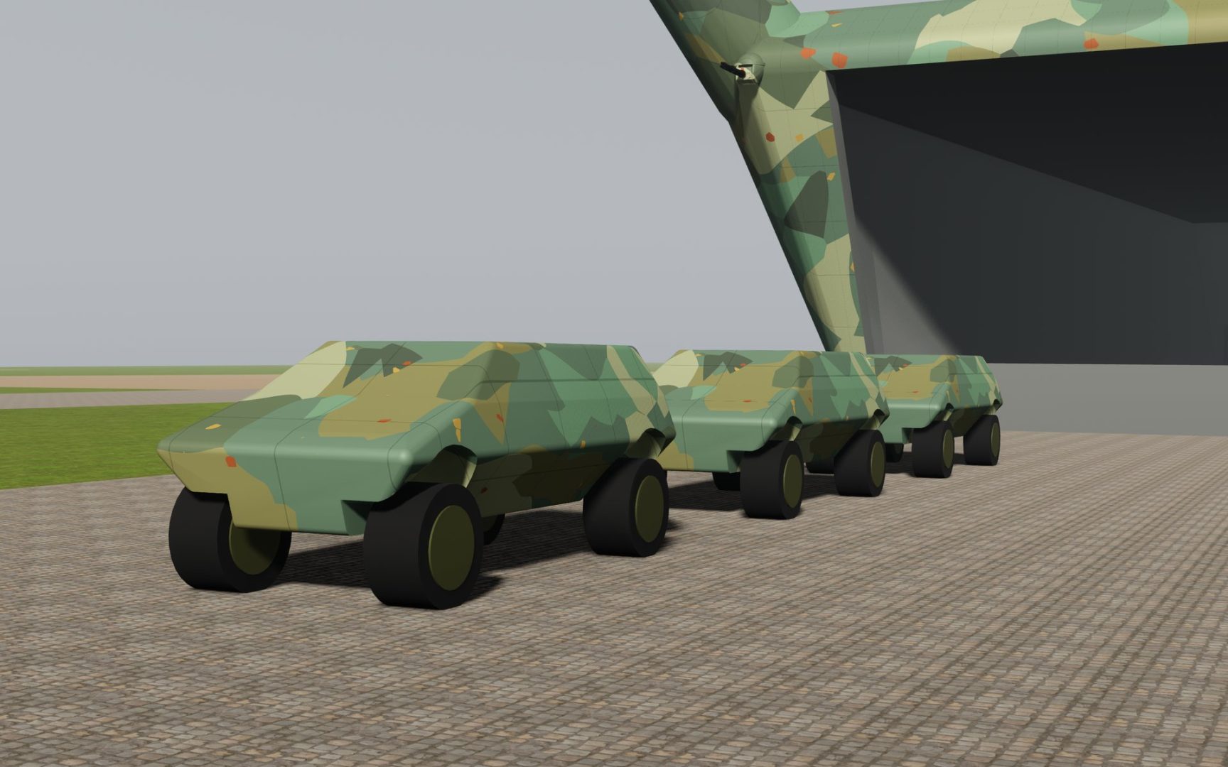 Three boxy, four-wheeled utility vehicles in green camouflage drive in line across a paved apron, past the open ramp of a large camouflaged landing barge.