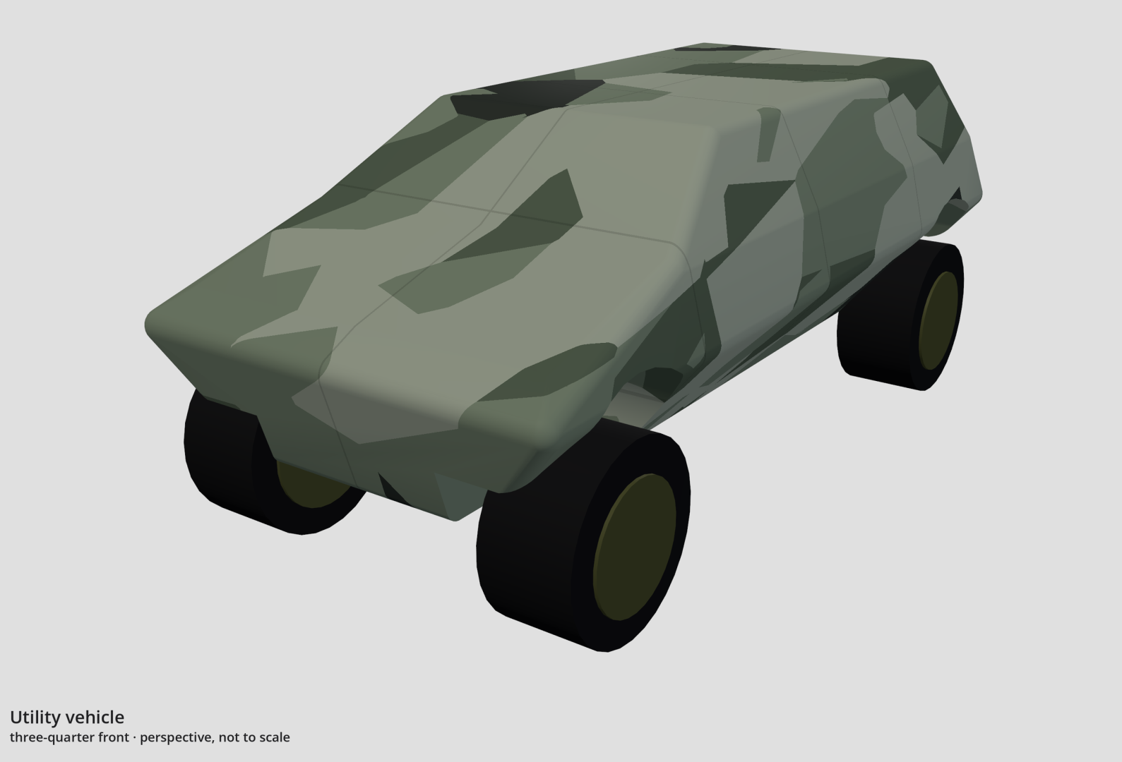 Perspective drawing of the utility vehicle seen from ahead and off its left side.